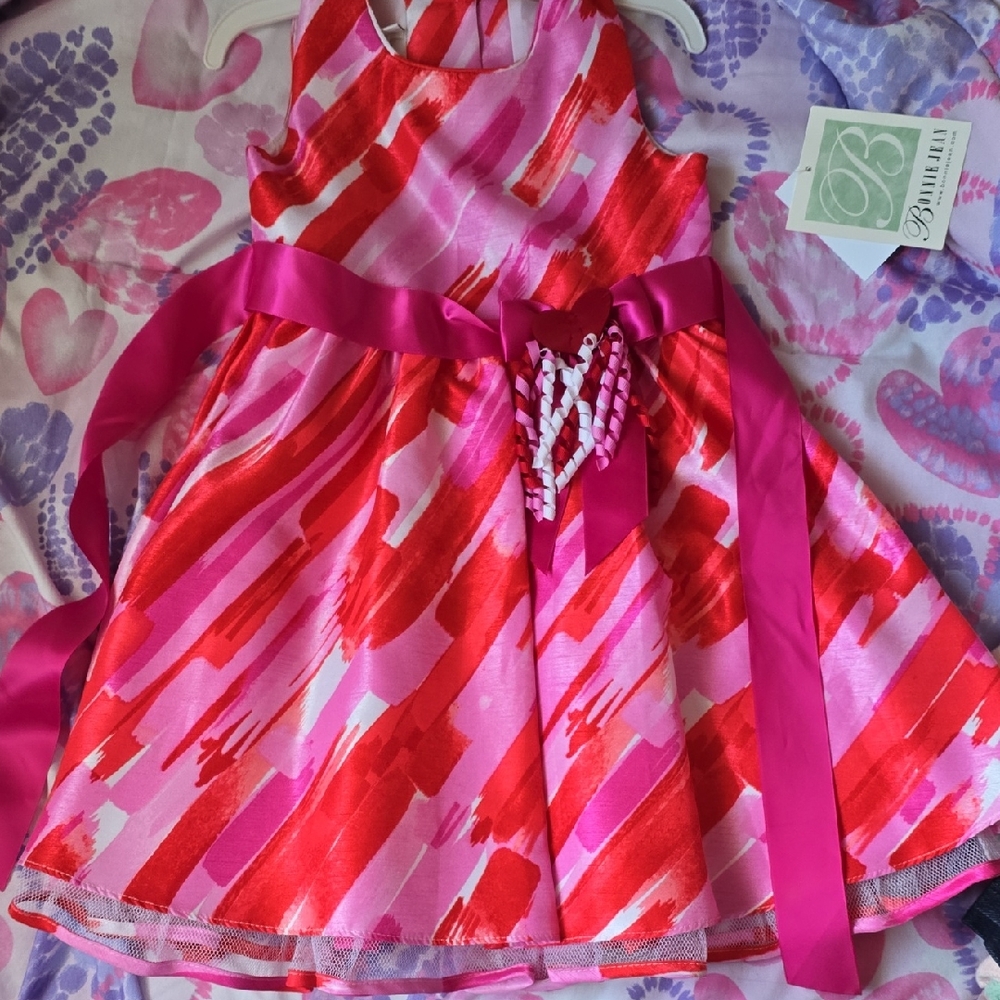 Bonnie Jean Pink and Red Floral Dress with Ribbon